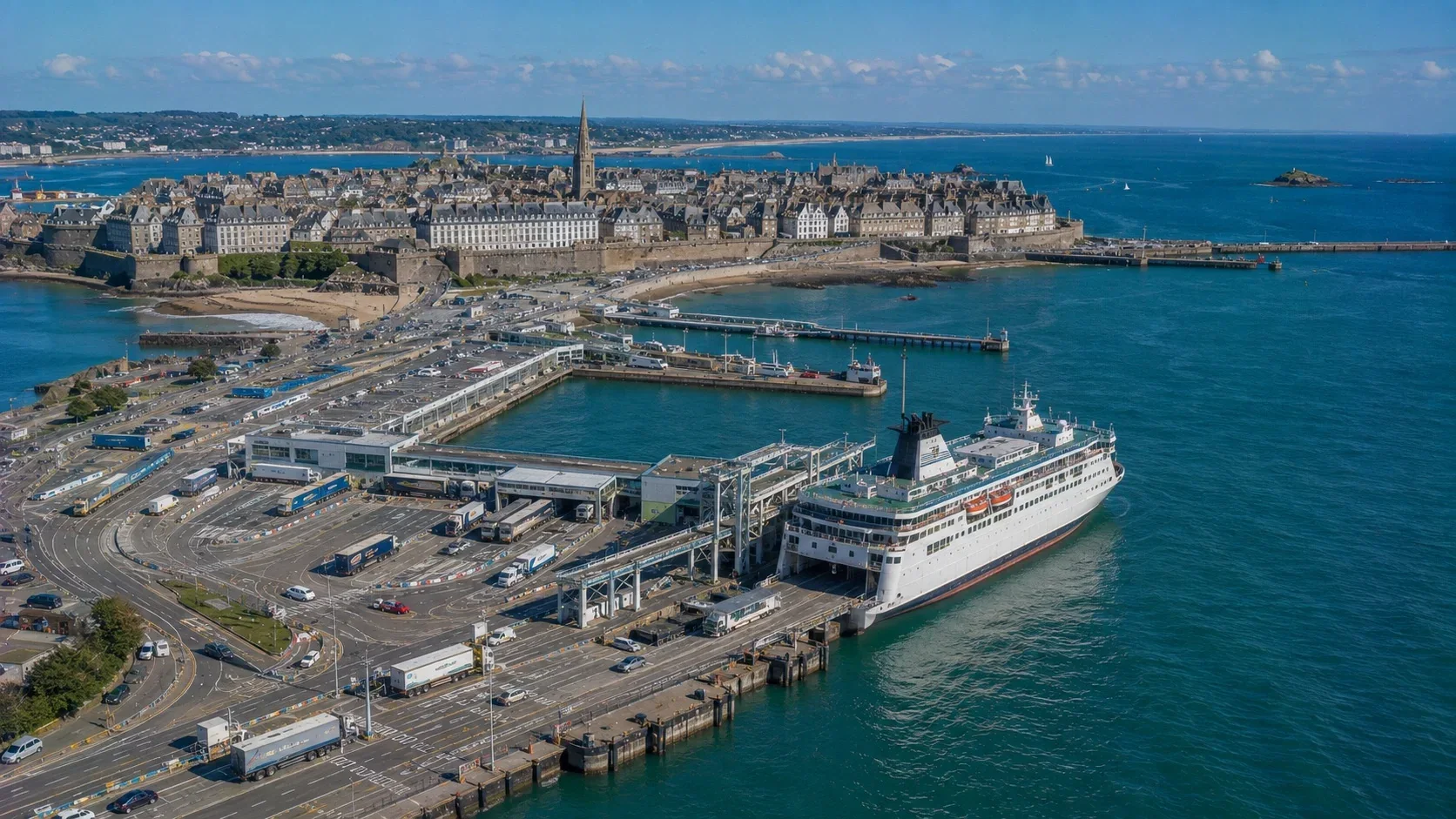 Luftaufnahme des Fährterminals und Hafens St Malo in der Bretagne